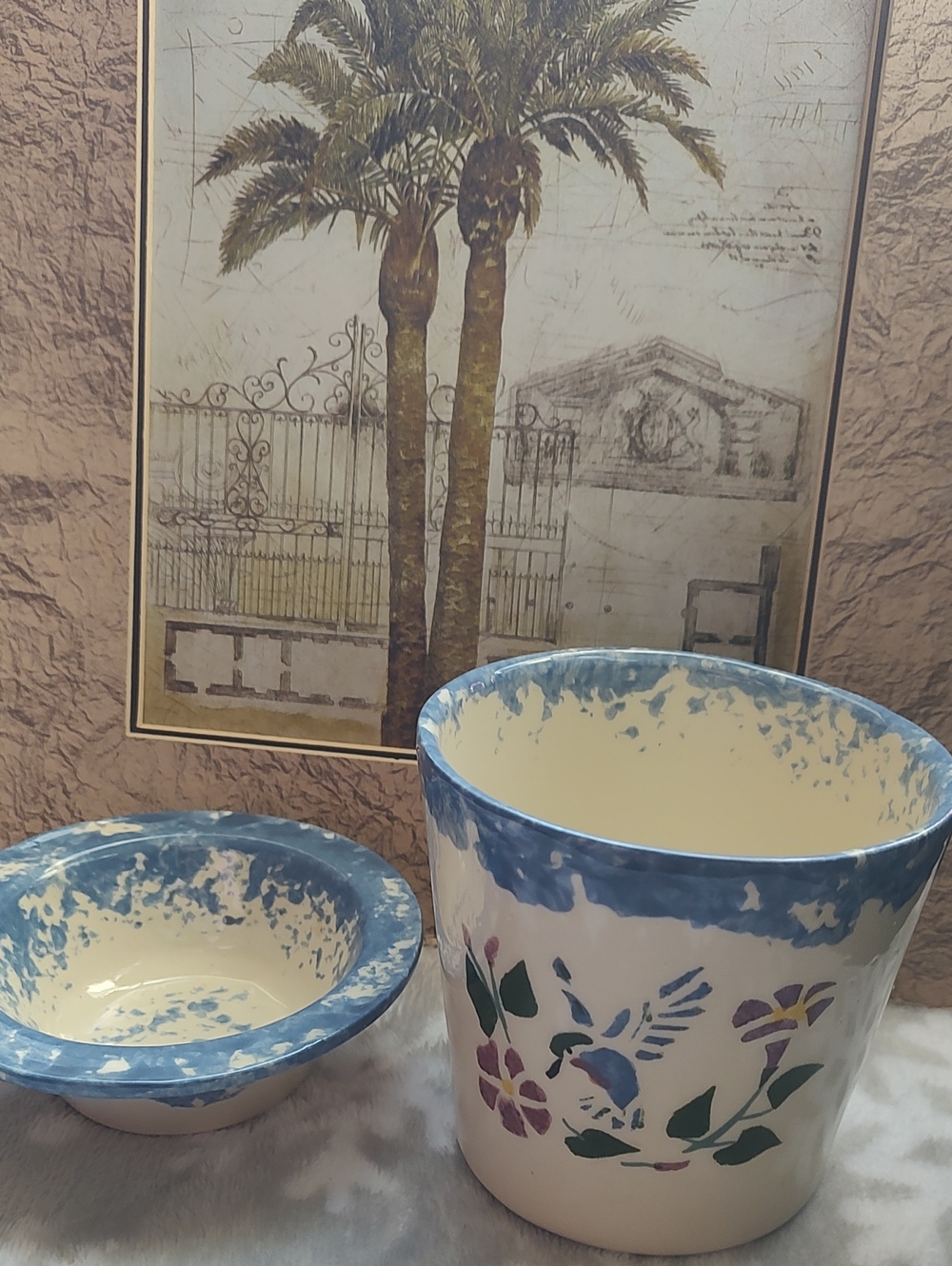 🐦 Planter and Matching Saucer - Blue and Cream - Picture 2 of 8